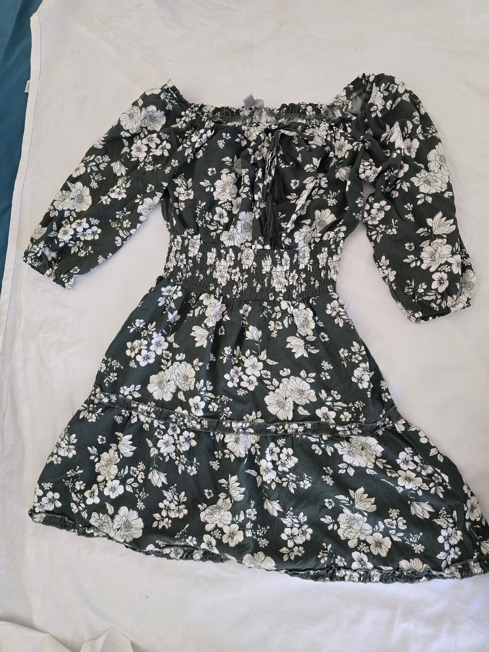 Justify Juniors Dark Green Floral Off-Shoulder Smocked Dress